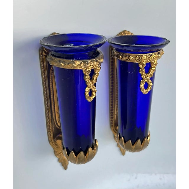 Antique Late 19th Exquisite Louis Philippe French Wall Sconces With Sèvres-Style Cobalt Blue Glass Vases Gilded Ormolu Mounts, a Pair For Sale - Image 10 of 12