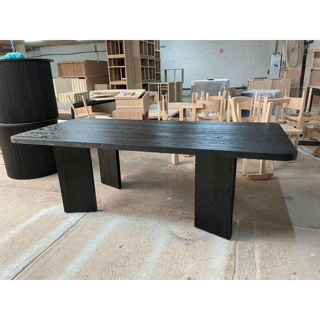 Custom Made Mid-Century Modern Solid Oak Ebonized Dining Table For Sale - Image 4 of 5