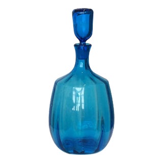 Vintage Blenko Glass, 1960s Blue Blenko Ribbed Decanter Design by John Nickerson For Sale