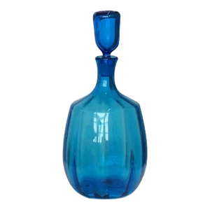 Vintage Blenko Glass, 1960s Blue Blenko Ribbed Decanter Design by John Nickerson