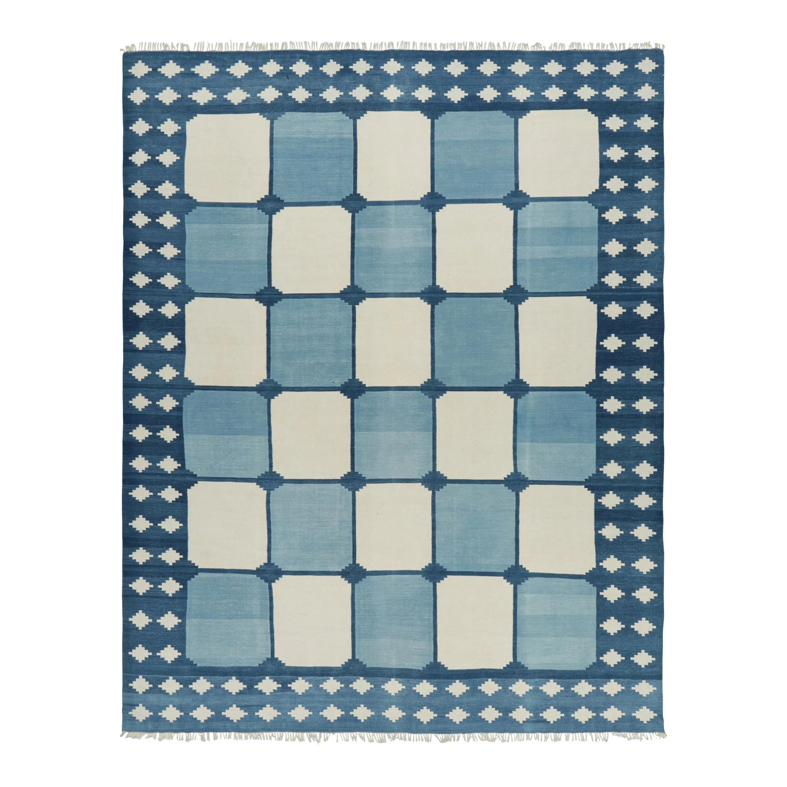 Rug & Kilim’s Contemporary Dhurrie Rug in Blue & White Geometric Square ...