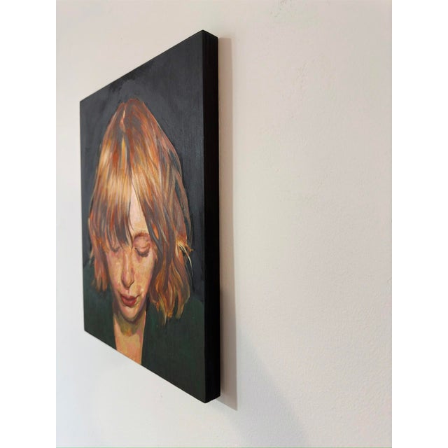 This oil on wood painting captures a moment of introspection, featuring a figure with softly tousled hair, their gaze...