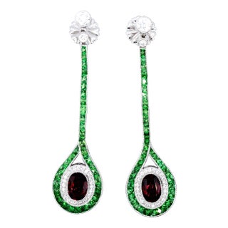 Platinum 950 Dangling Natural Ruby Emerald and Diamond Earring - Set of 2 For Sale