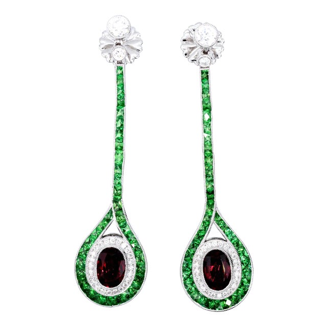 Platinum 950 Dangling Natural Ruby Emerald and Diamond Earring - Set of 2 For Sale