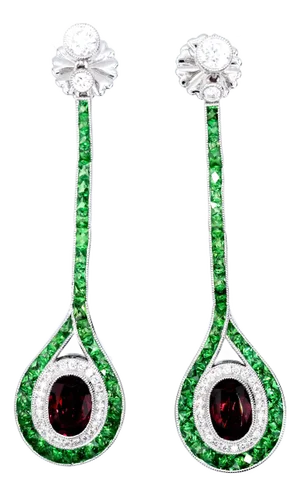 Platinum 950 Dangling Natural Ruby Emerald and Diamond Earring - Set of 2
