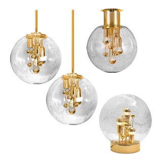 Space Age Brass and Blown Glass Fixtures, 1970s, Set of 4 For Sale