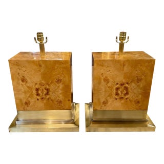 Pair of Blond Burl and Brass Lamps For Sale