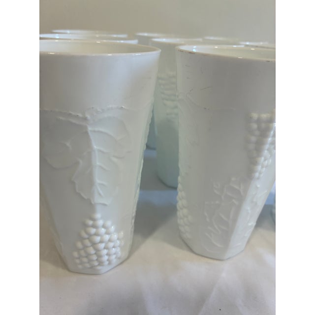 Mid-Century Modern Vintage White Milk Glass Grape & Vine Tumblers, Set of 9 For Sale - Image 3 of 13