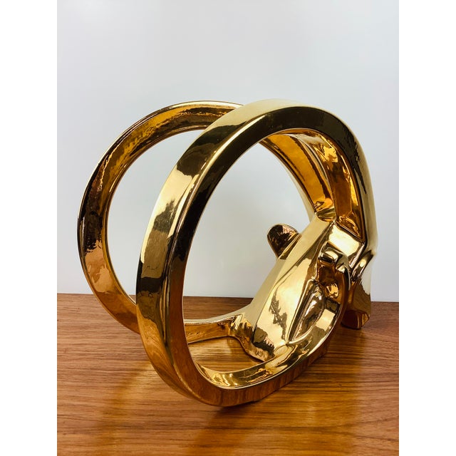 Ceramic Vintage Gold Metallic Stylized Rams Head Statue by Jaru For Sale - Image 7 of 9