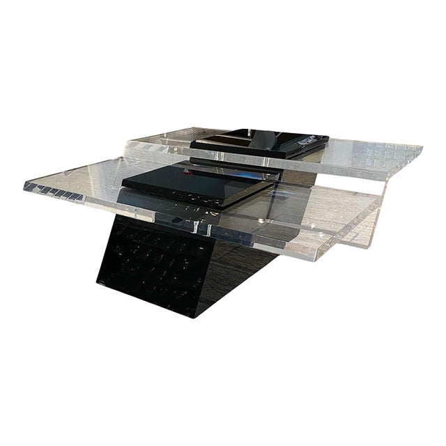 1970s Mid-Century Modernist Black & Clear Lucite Two-Level Rectilinear Cocktail Table For Sale