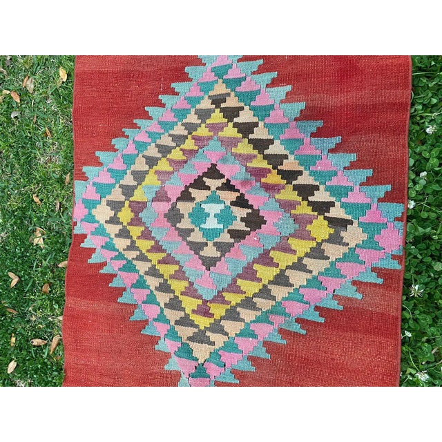 Turkish Vintage Turkish Red Diamond Pattern Flat Weave Kilim Rug For Sale - Image 3 of 7