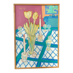 Vintage Still Life Oil Painting on Canvas of Flowers in Vase by Molly Schiff