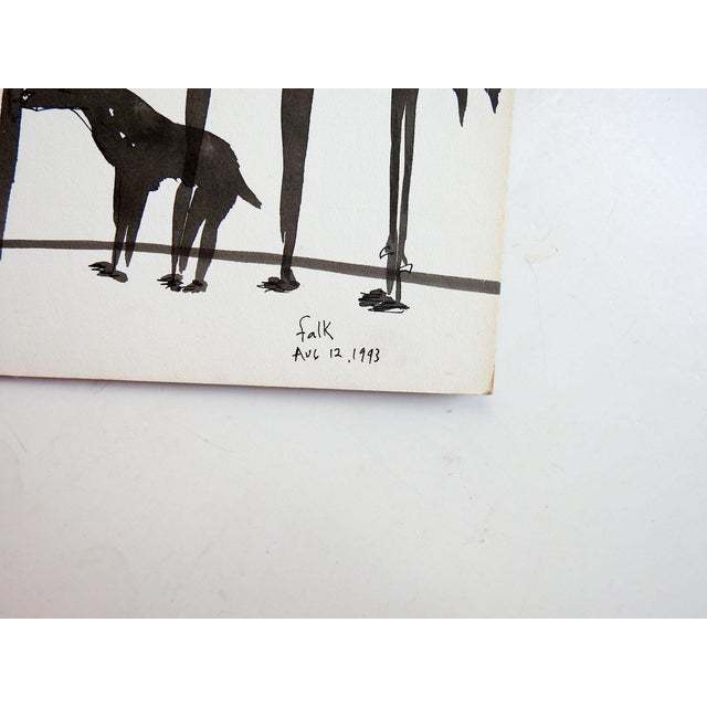 1993 ink on artist board surreal drawing with beasts and man at a bar by Walter Falk (1945-2007) Texas. Signed, dated 1993...