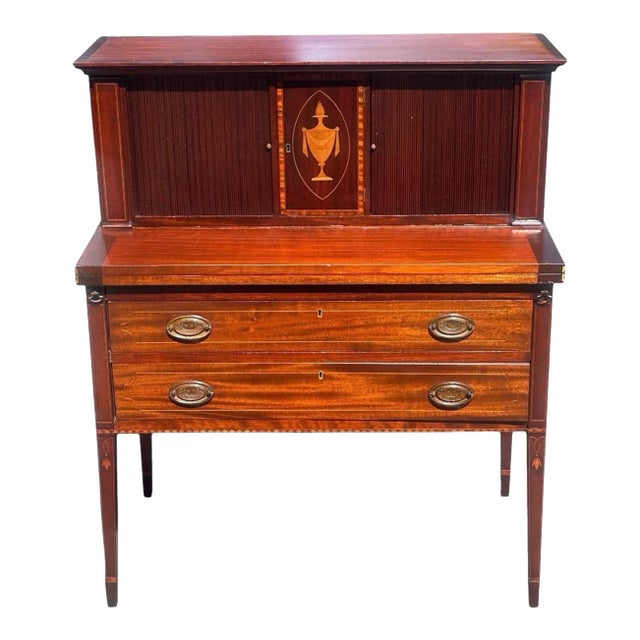 Antique Federal Style Boston Mahogany Tambour Ladies Desk With Grecian Urn Inlay For Sale
