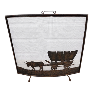 Antique Rustic Wrought Iron Fireplace Screen Silhouette Covered Wagon Ox Western