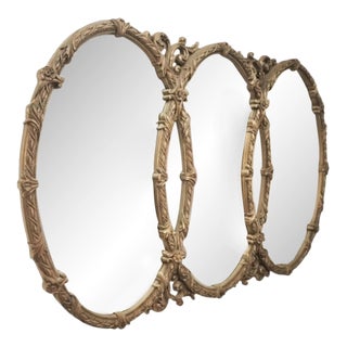 Vintage Oval Ornate Triple Hollywood Regency Triptych Glamour Wall Mirror For Sale