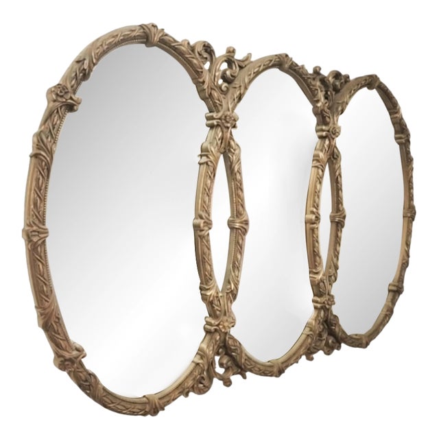 Vintage Oval Ornate Triple Hollywood Regency Triptych Glamour Wall Mirror For Sale