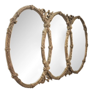 Vintage Oval Ornate Triple Hollywood Regency Triptych Glamour Wall Mirror