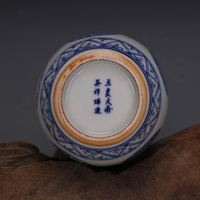 Chinese 1960s Blue and White Chinese Porcelain Lidded Jar With Round Geometric Medallion Motifs For Sale - Image 3 of 5