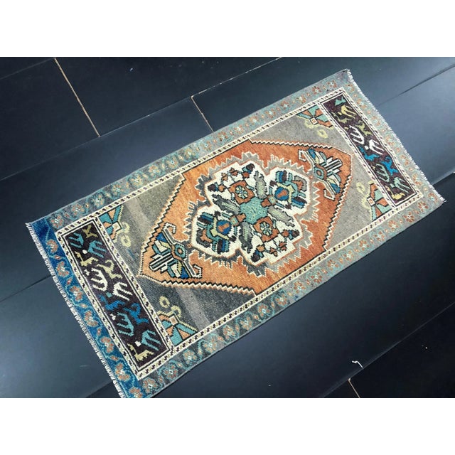 Boho Chic Vintage Muted Turkish Handmade Orange and Gray Small Rug For Sale - Image 3 of 6