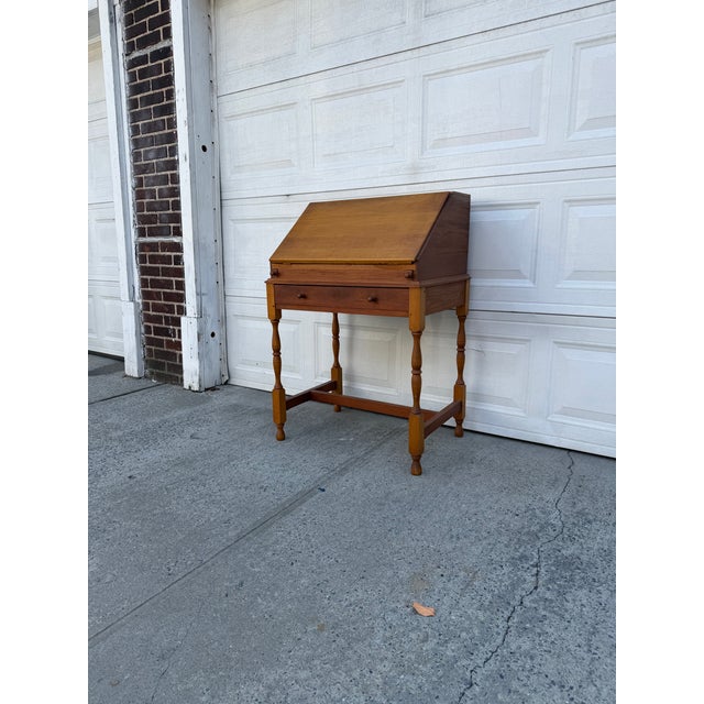 Vintage Colonial Revival Drop-Front Secretary Writing Desk With Turned Legs and Interior Compartments For Sale - Image 4 of 12
