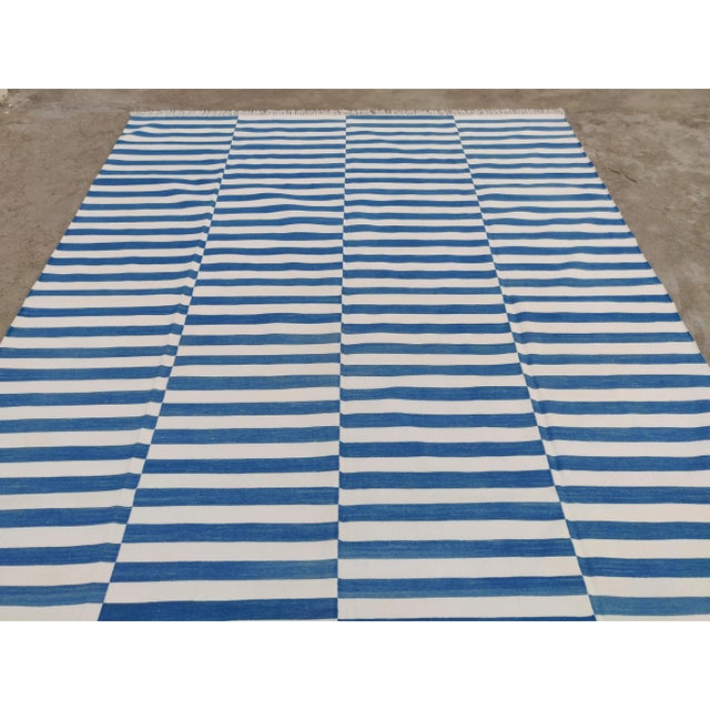 Textile Handmade Cotton Striped Rug, Up Down Stripe Blue and White - 12'x12' For Sale - Image 7 of 10