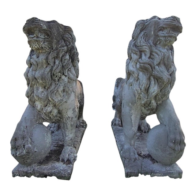 “Monumental Mid-Century Medici Lion Garden Statues – Pair” For Sale