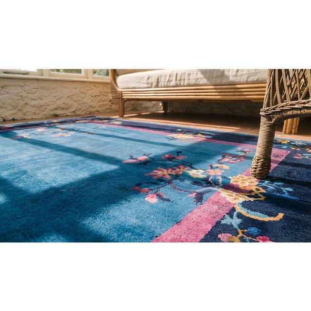 Blue 1920s Blue Floral Antique Chinese Art Deco Rug 9'2" X 11'8" Handknotted Wool Carpet For Sale - Image 8 of 9