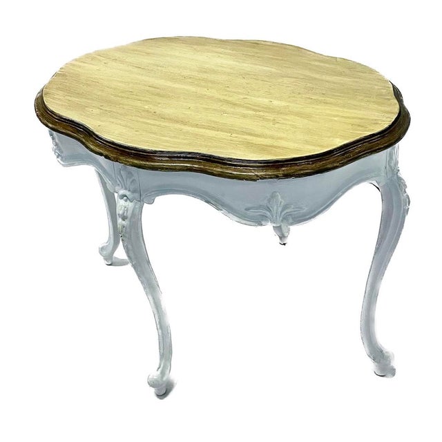 Shabby Chic Vintage Painted Leg & Streaked Top Carved Table For Sale - Image 3 of 9