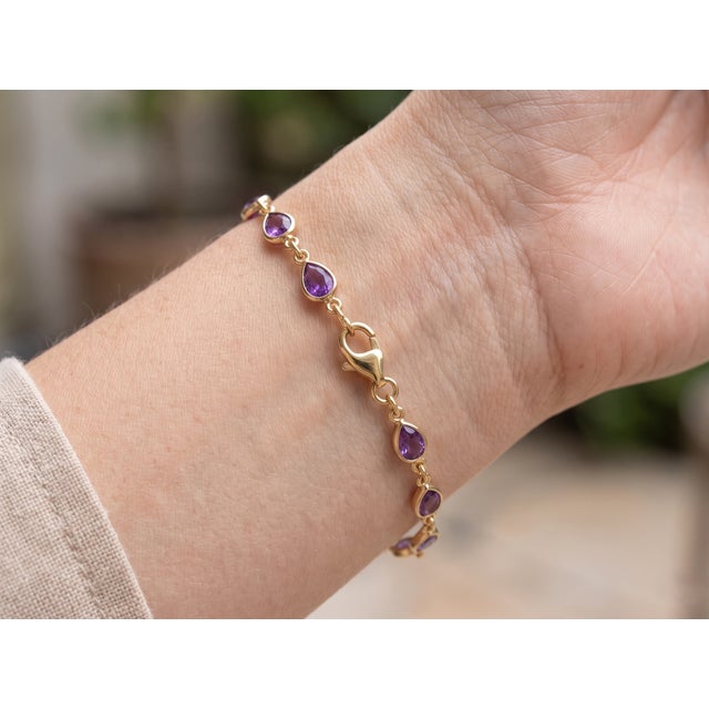 Purple Amethyst Teardrop Bracelet | Bezel Set Gemstone Chain Link Bracelet | Dainty February Birthstone Bracelet For Sale - Image 4 of 5