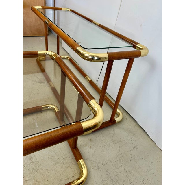 1970s Postmodern Wood & Polished Brass Console & End Table Set - 2 Pieces For Sale - Image 4 of 5
