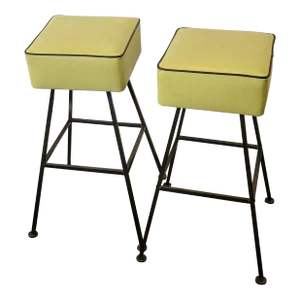 Pair of 1960s Mid-Century Atomic Bar Stools Heavy Duty Metal Base Retro Americana
