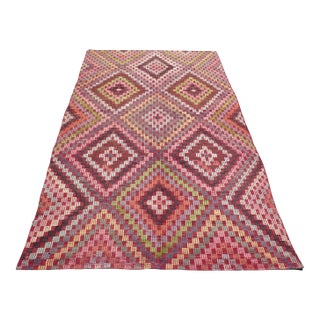 1960s Pink Embroidered Geometric Design Tribal Vintage Kilim - 67"x111" For Sale