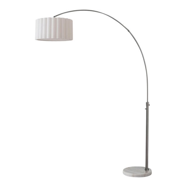 1960s Scallop 92" Arc Floor Lamp - Modern Black Nickel, White Marble Base, Linen Shade, Dimmable For Sale
