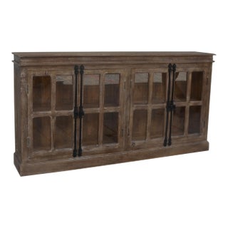 Solid Mango Wood Glass Fronted Cabinet With Dark Gray Sandblasted Finish. For Sale