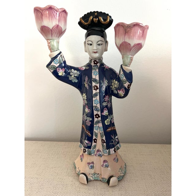 Chinoiserie Chinese Export Famille Rose Figural Candlestick Lotus Candle Holder For Sale - Image 3 of 11