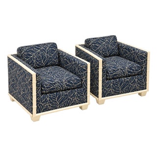 Hollywood Regency Era Navy Blue Faux Bamboo Banana Leaf Club Chairs, Pair For Sale