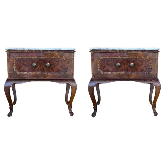 Art Deco French Nightstands with doors and Marble Top, 1930s, Set of 2 For Sale - Image 15 of 18