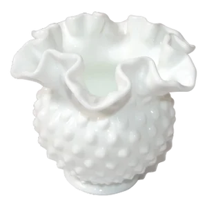 Vintage Fenton Style Art Glass White Ruffled Hobnail Milk Glass Vase