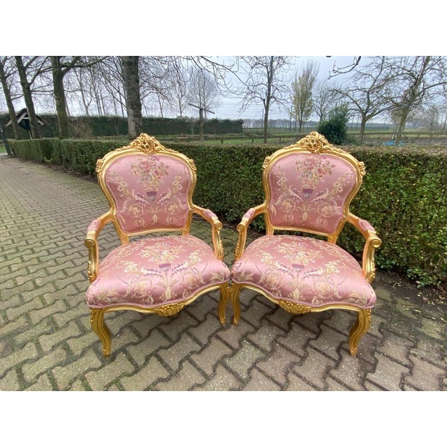 French 1960s French Artisan Louis XVI Pink Gilt Beech Sofa Set—3 Pc For Sale - Image 3 of 16