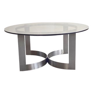 Vintage Coffee Table in Brushed Steel and Smoked Glass, 1970s For Sale