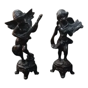 Pair of 1930s Art Nouveau Musical Cherub Bronze Sculptures Made in France