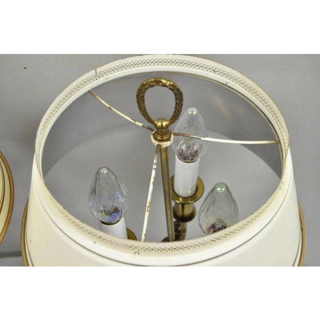 Vintage French Country Tole Metal Shade Brass Column Candelabra Table Lamps Pair For Sale - Image 14 of 16
