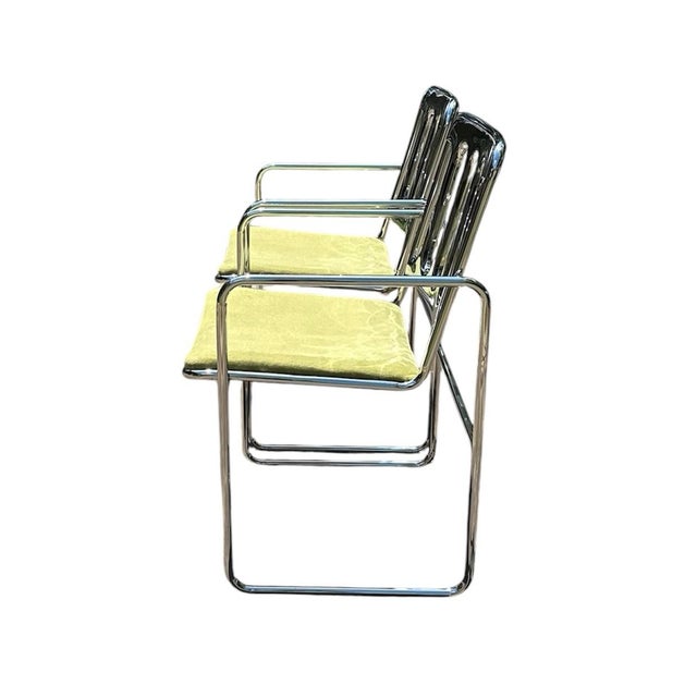 Chromcraft Vintage Mid Century Chromcraft Cantilever Armchairs With Olive Green Upholstery, a Pair Circa 1970 For Sale - Image 4 of 12