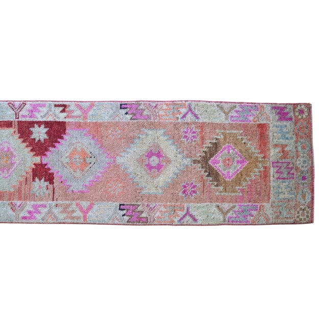 Pink Kurdish Herki Hand-Knotted Distressed Runner Low Pile Narrow Runner Hallway Decor For Sale - Image 8 of 10