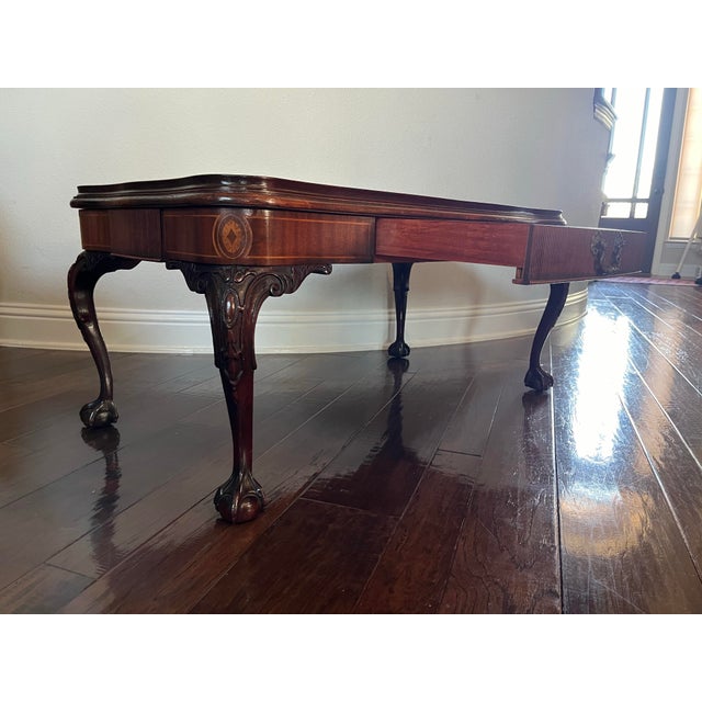 Mid 20th Century Chippendale Style Ball and Claw Foot, Cabriole Legs, Leather Top With Inlaid Rectangular Mahogany Coffee Table For Sale - Image 5 of 10