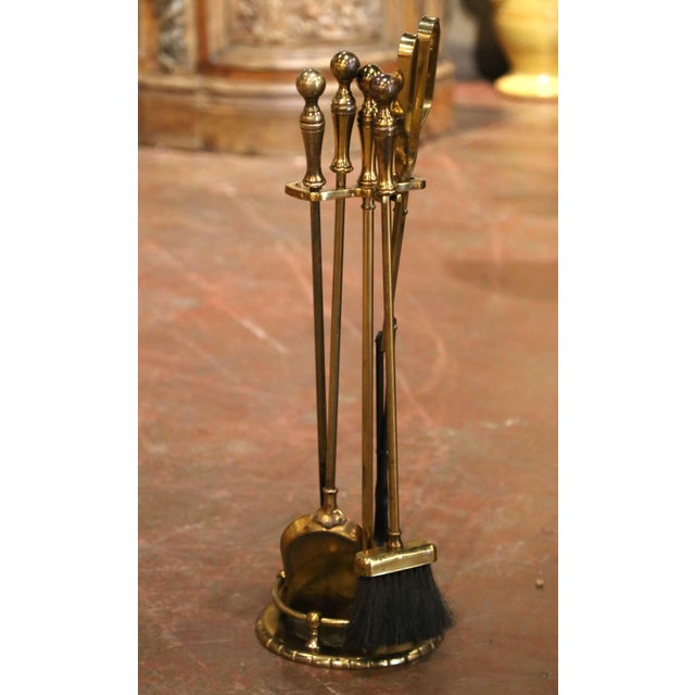 Brass Mid-Century French Brass and Iron Five-Piece Fireplace Tool Set For Sale - Image 8 of 9