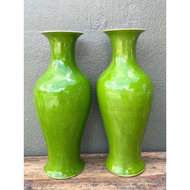 Mid-Century Modern Vintage Crackle Glaze Ceramic Vases - A Pair For Sale - Image 3 of 12