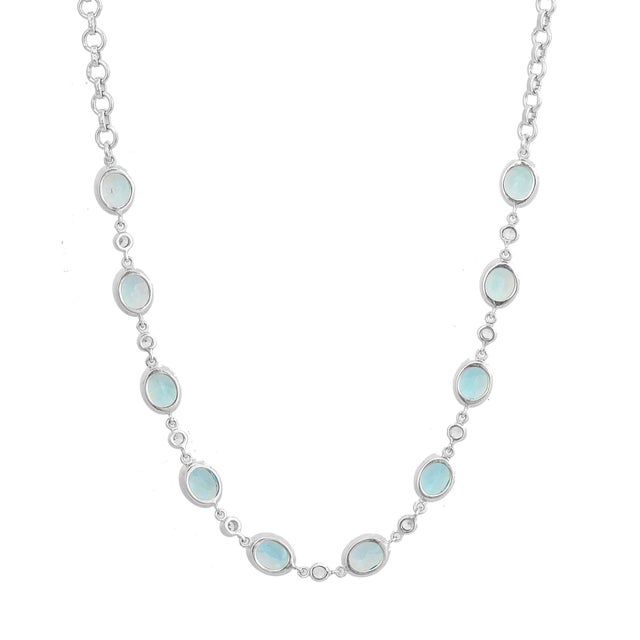 Metal Oval Cut Blue Topaz Station Necklace With Curb Link Chain For Sale - Image 7 of 11
