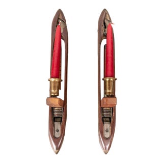Vintage Wooden Weaving Loom Boat Shuttles Repurposed as Candlesticks—A Pair For Sale